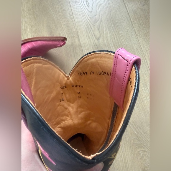 Los Altos Boots Pink Black Floral Embroidered Western Genuine Crocodile Size 7 - Picture 5 of 12